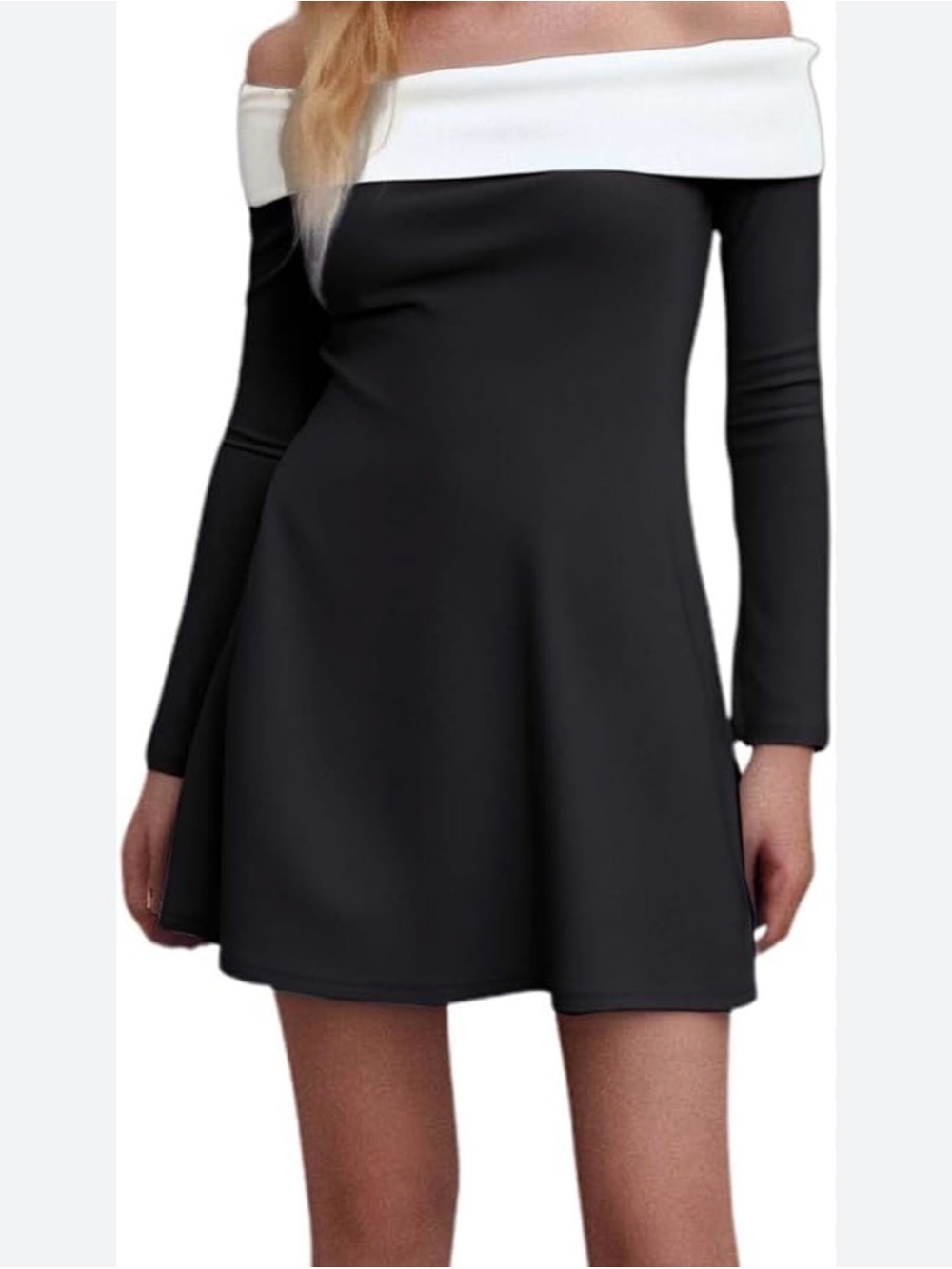 Commence Off-Shoulder Black and White Long-Sleeve Swing Dress